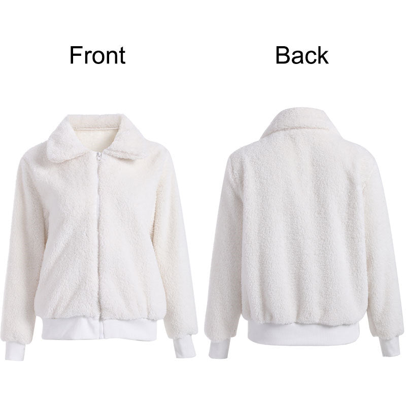 Womens Sherpa Fleece Jackets Lapel Zip Up Winter Warm Crop Outwear-White