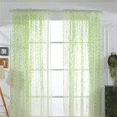 2 Panels Leaves Embroidered Sheer Rod Pocket Drapes For Living Room-Green
