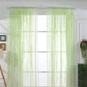 2 Panels Leaves Embroidered Sheer Rod Pocket Drapes For Living Room-Green