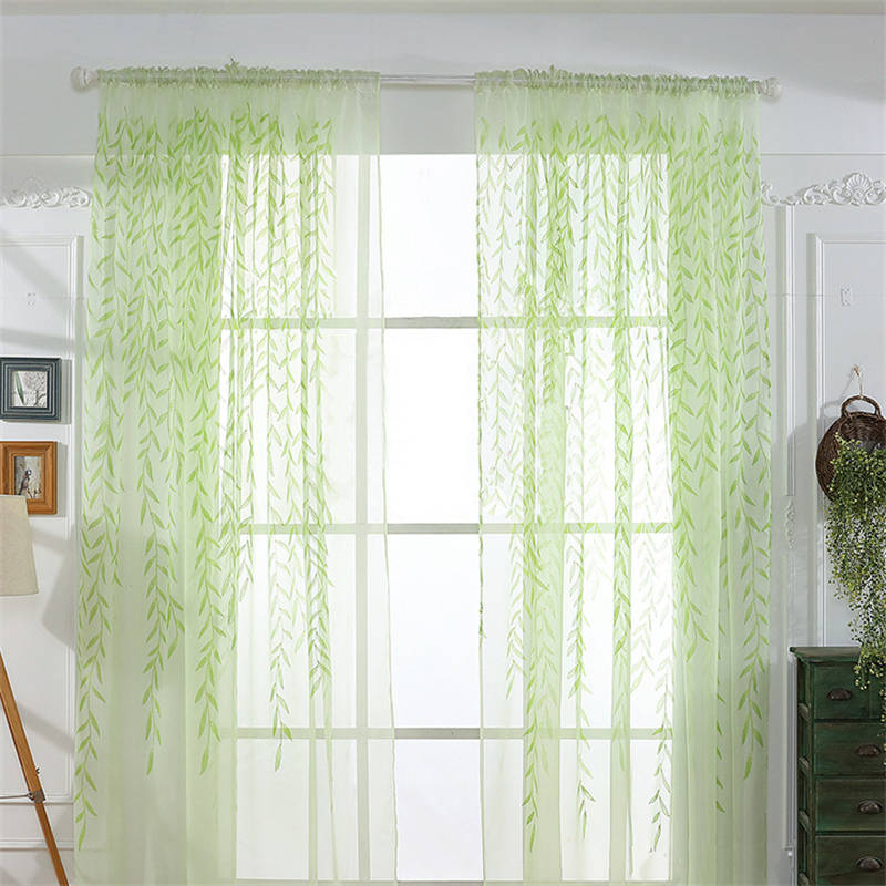 2 Panels Leaves Embroidered Sheer Rod Pocket Drapes For Living Room-Green