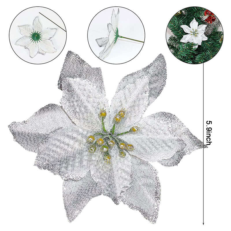 12 Pack 15cm Phnom Penh Small Flower Christmas Tree Decoration-Silver