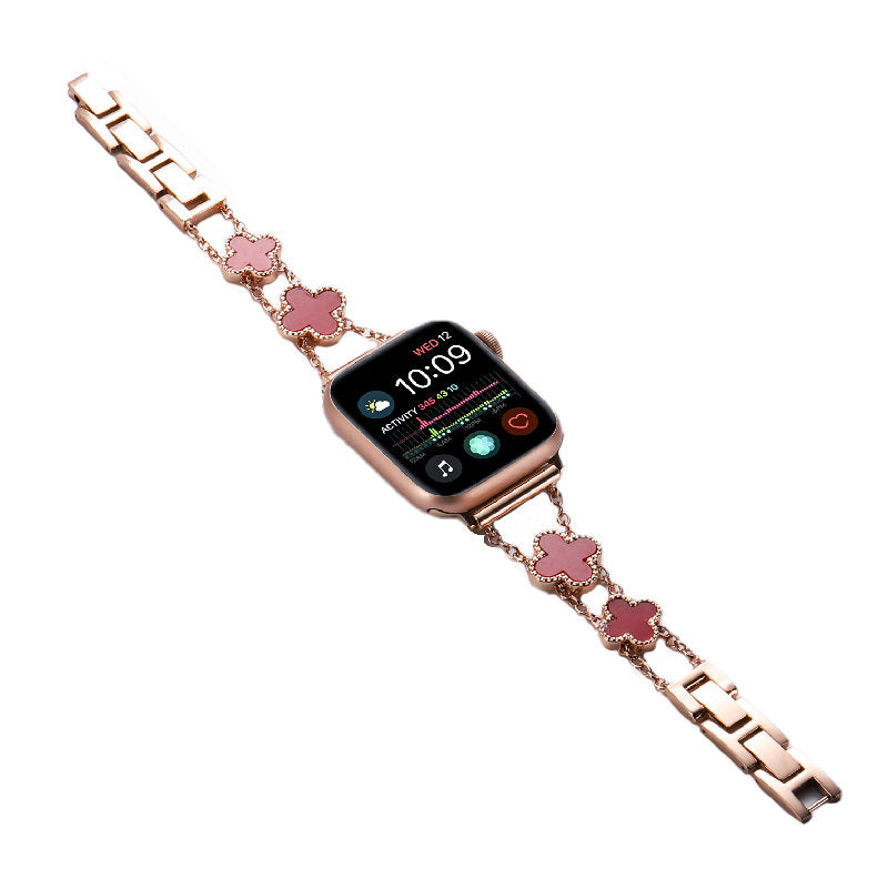 Apple Watch Band Luxury Four-leaf Clover Thin Stainless Steel for iWatch Series SE/6/5/4/3/2/1-RoseGold+Pink