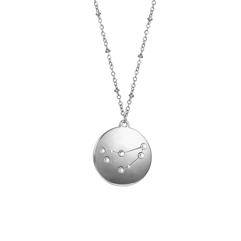 12 Constellation Coin Disc Silver Necklace Engraving Astrology Pendant-Capricornus