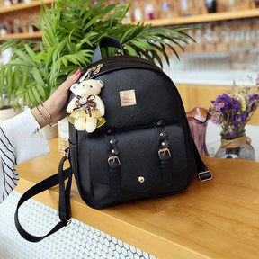 Mini Leather Backpack Purse 3-Pieces Fashion Flower Zipper Daypacks for Girls and Women-Black