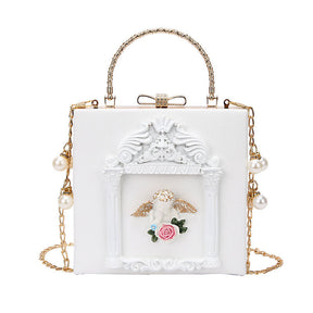 Womens Love Angel Embossed Clutch Evening Bag Bowknot Snaps Crossbody Purse-White