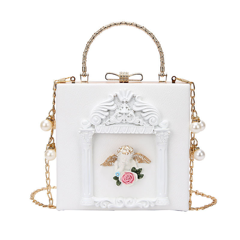 Womens Love Angel Embossed Clutch Evening Bag Bowknot Snaps Crossbody Purse-White
