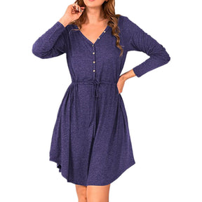 Ladies Casual V Neck Button Long Sleeve Tunic Dress-DarkBlue