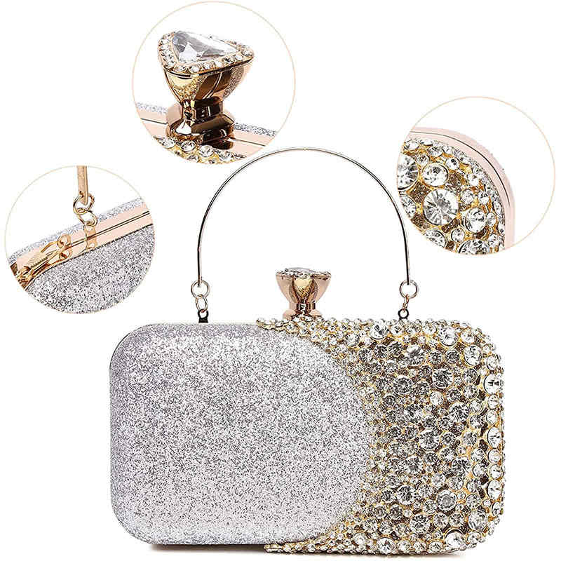 Womens Crystal Evening Clutch Bag Wedding Purse Party Bag-Silver
