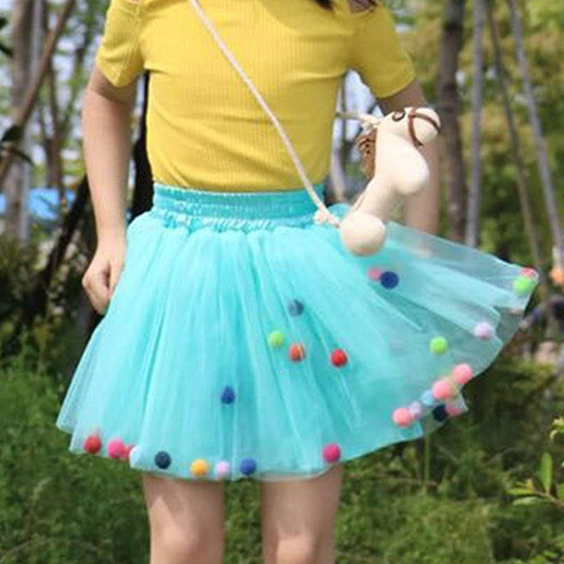 Girl Tutu Skirt Fluffy Toddler Tulle Tutus 3 Layers With Pom Pom Puff Balls-Green