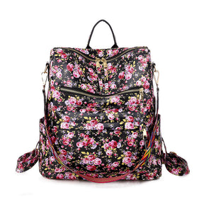 Fashion Backpack Multipurpose Print Leather Travel Shoulder Bag-Flower