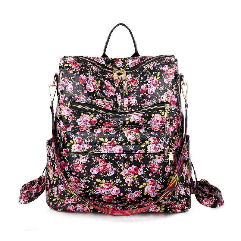 Fashion Backpack Multipurpose Print Leather Travel Shoulder Bag-Flower