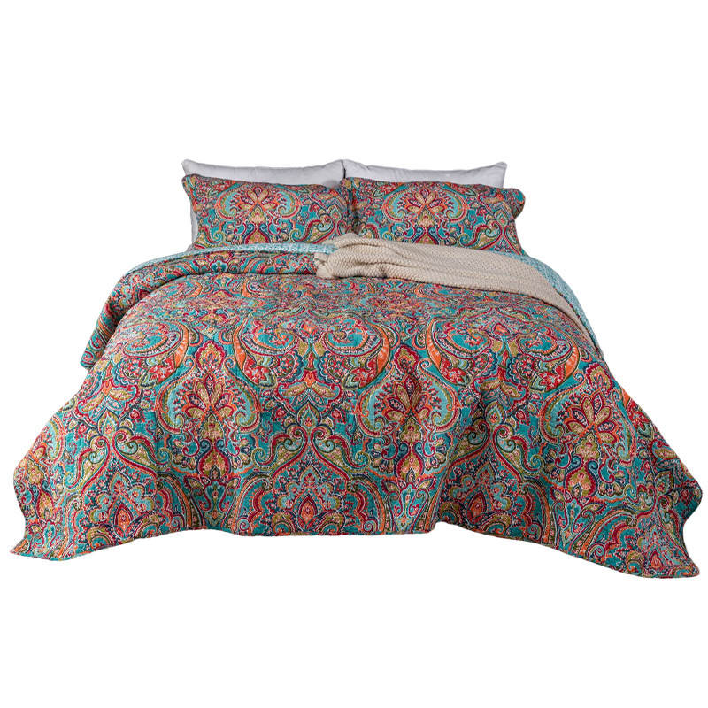 3Pcs Cotton Bedspread Quilt Sets Reversible Patchwork Boho Floral Pattern