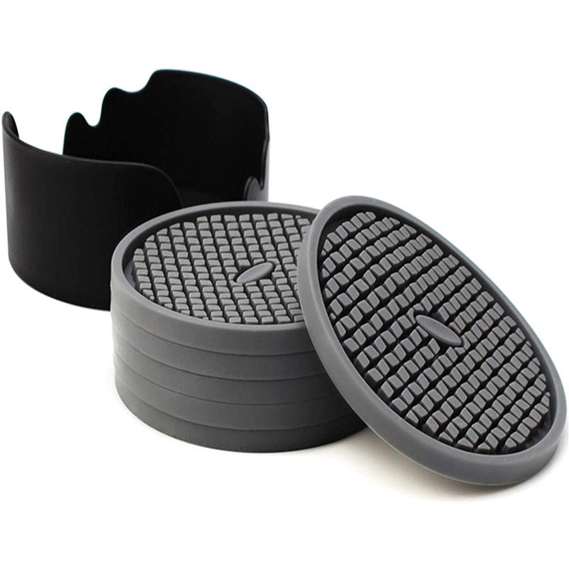 Silicone Drink Coasters Set of 6 in Holder for Drinks Insulation Absorbent Coaster Protect Cup-Gray