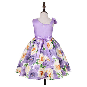 Oblique Shoulder Childrens Dress Rose Print Dress Girls Evening Party Costume-Light Purple