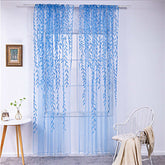 2 Panels Sheer Curtains Rod Pocket Willow Leaves Print for Living Room-Blue