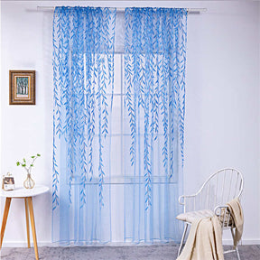 2 Panels Sheer Curtains Rod Pocket Willow Leaves Print for Living Room-Blue
