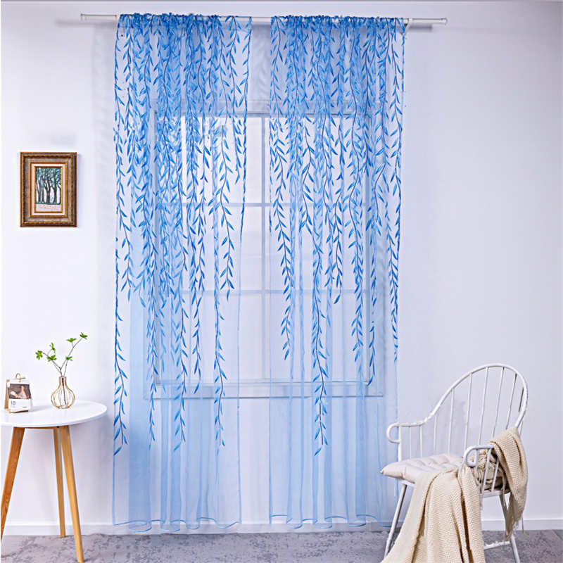 2 Panels Sheer Curtains Rod Pocket Willow Leaves Print for Living Room-Blue