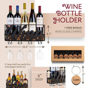 Wall Mounted Wine Rack Bottle Glass Holder Cork Storage with 6 Cork Wine Charms