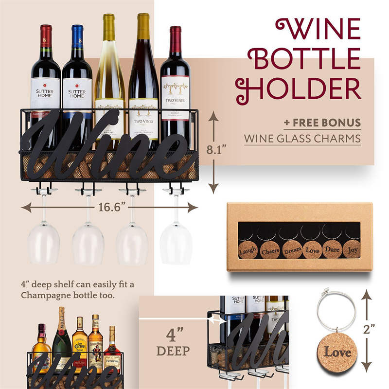 Home & LivingWall Mounted Wine Rack Bottle Glass Holder Cork Storage with 6 Cork Wine Charms