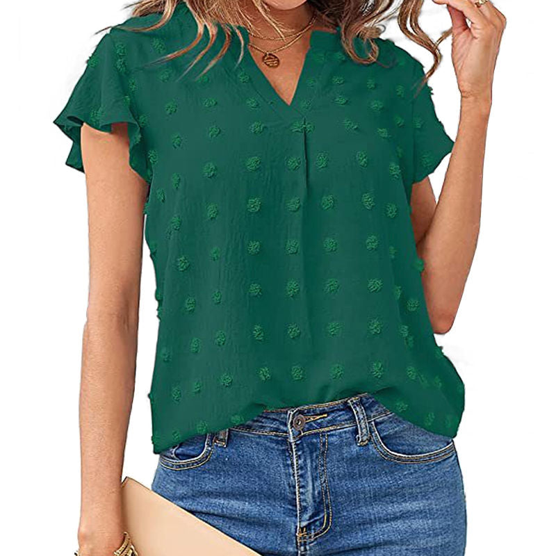 Womens Ruffle Shirts V Neck Short Sleeve Pom Chiffon Blouses Tops-Dark Green