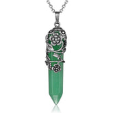 Antique Silver Flower Wrapped Crystal Necklace-Green