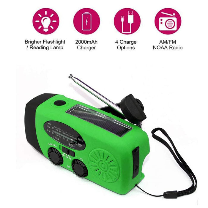 Weather Radio Hand Crank Self Powered Solar Emergency Radios With LED Flashlight-Green