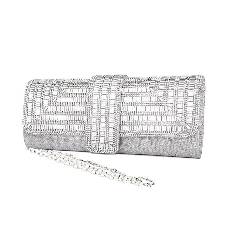 Womens Rhinestone Clutch Purses Evening Bags Sparkling Gliter with Chain-Silver