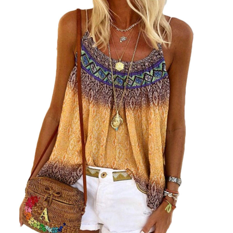 Womens Casual Loose Printed Spaghetti Strap Tank Top-Turmeric