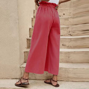 Womens Cropped Wide Leg Pant Elastic Solid Loose Fit Casual Trouser-Wine Red