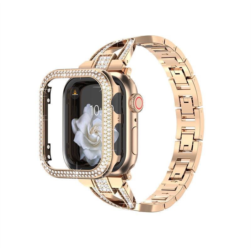 Bling Band Compatible Apple Watch with Case 38 40 42 44mm Rhinestone Cross Straps-Rose Gold