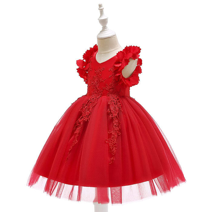 Princess Flower Girl Lace Dress Pageant Kids Christmas Party Dresses-Red