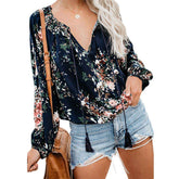 Womens V-neck Casual Boho Floral Print Long Sleeve Shirts-Navy