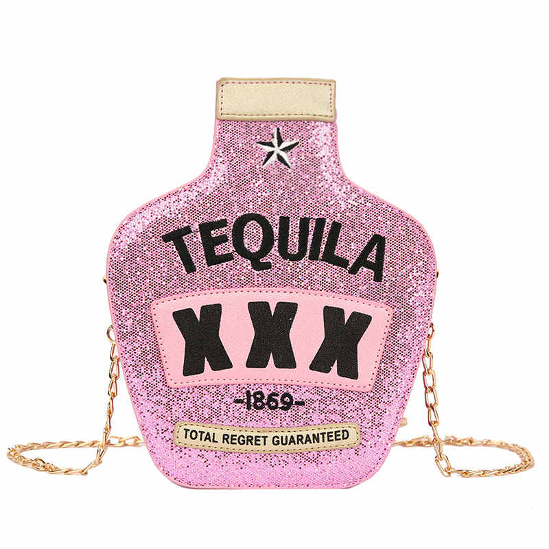 Tequila Bottle Shaped Laser Shoulder Handbags PU Crossbody Purse for Women-SequinPink