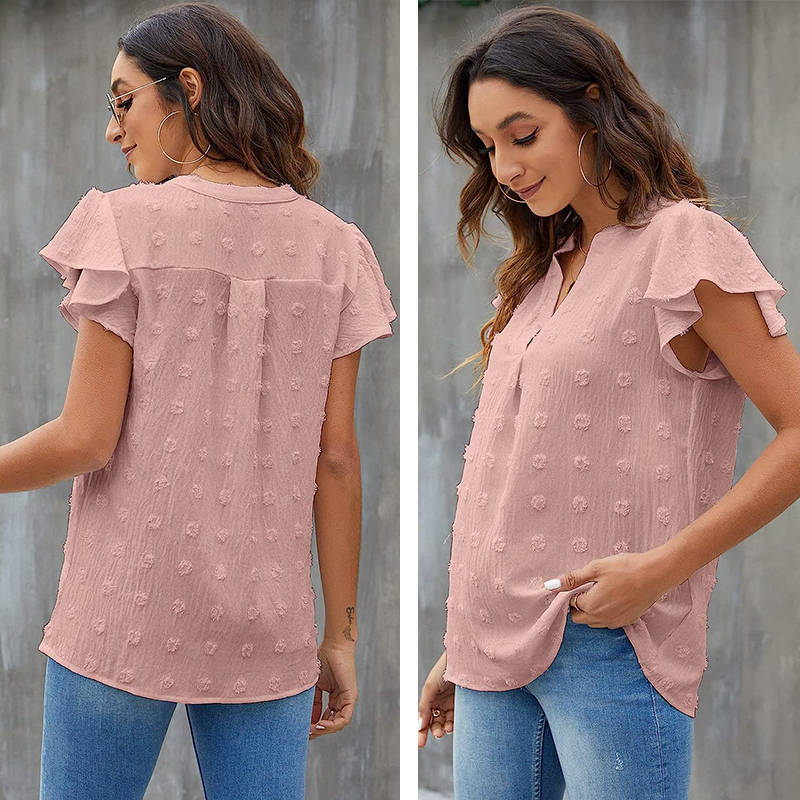 Womens Ruffle Shirts V Neck Short Sleeve Pom Chiffon Blouses Tops-Lotus Root Pink