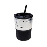 420ml Glass Coffee Mug with Lids and Straws Travel Friendly-SilverBlack