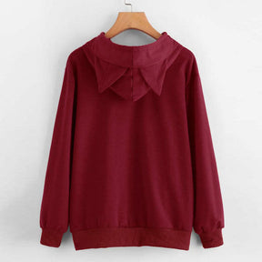 Women Teen Girls Cat Printed Hoodie Sweatshirt Cute Cat Ear Pullover Sweatshirt-Wine Red