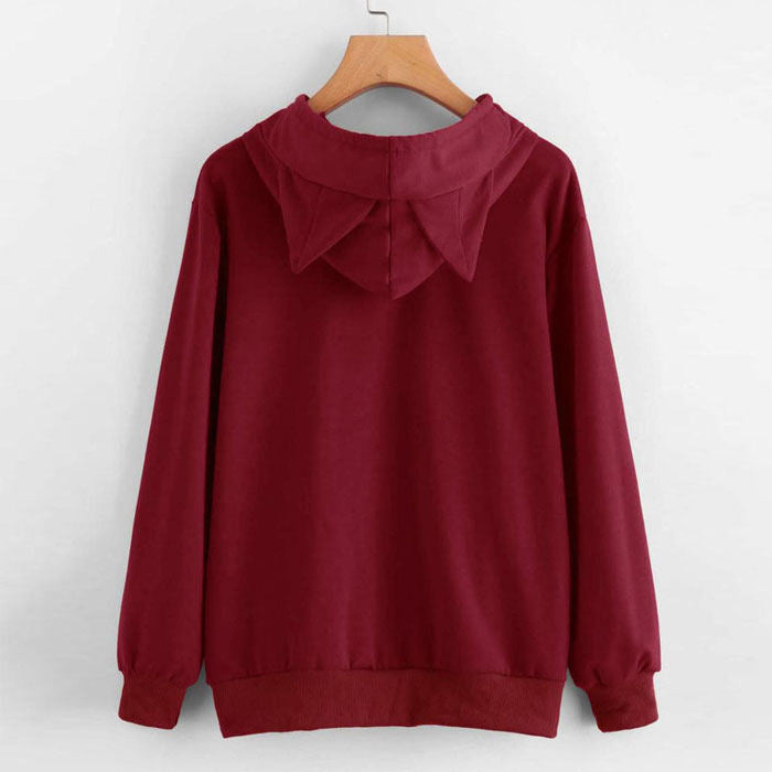 Women Teen Girls Cat Printed Hoodie Sweatshirt Cute Cat Ear Pullover Sweatshirt-Wine Red