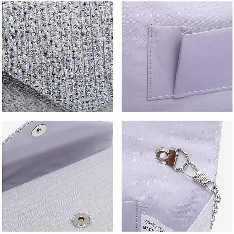 Ladies Frosted Satin Evening Clutch Rhinestones Crossbody Bag-White