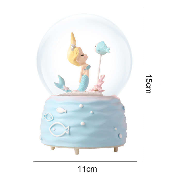 Mermaid Princess Snow Globes with Music LED Light Birthday Gift for Girls-Blue