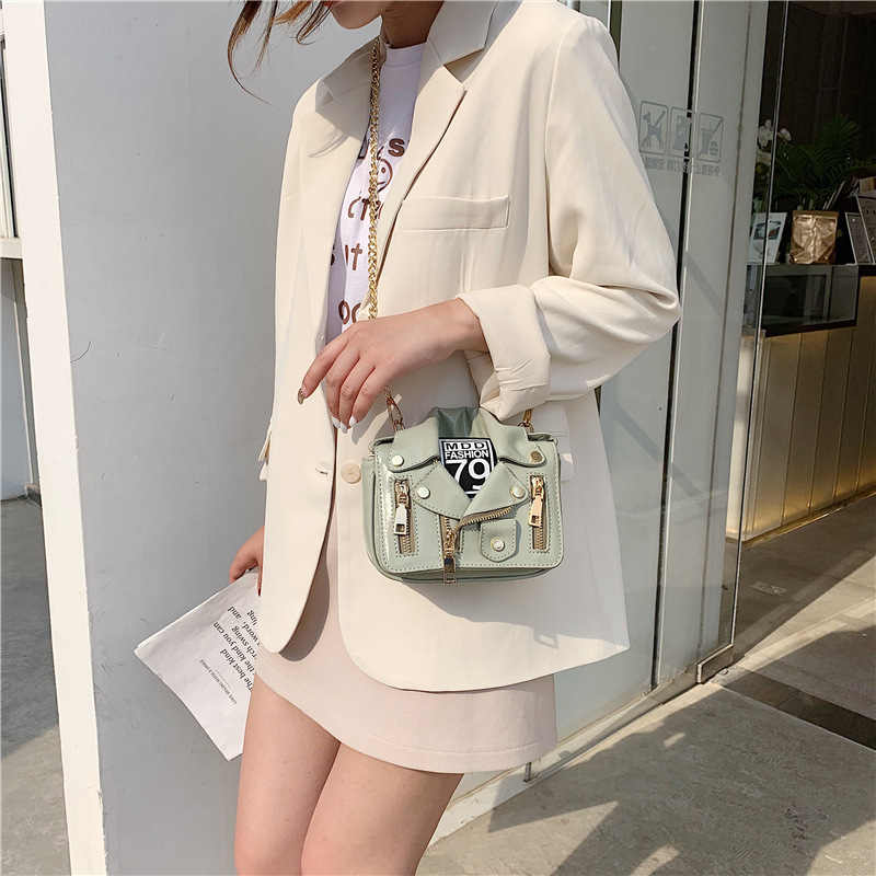 Women Motorcycle Jacket Crossbody Bag Punk Style Lapel Collar Satchel Bag-Green