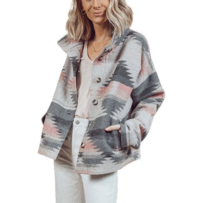 Womens Aztec Shacket Jacket Boho Wool Blend Coat with Pockets-Pink