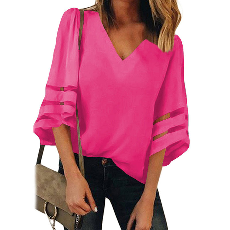 Womens V Neck 3/4 Sleeve Blouse Mesh Panel Shirt Solid Flowy Loose Top-Rose Red