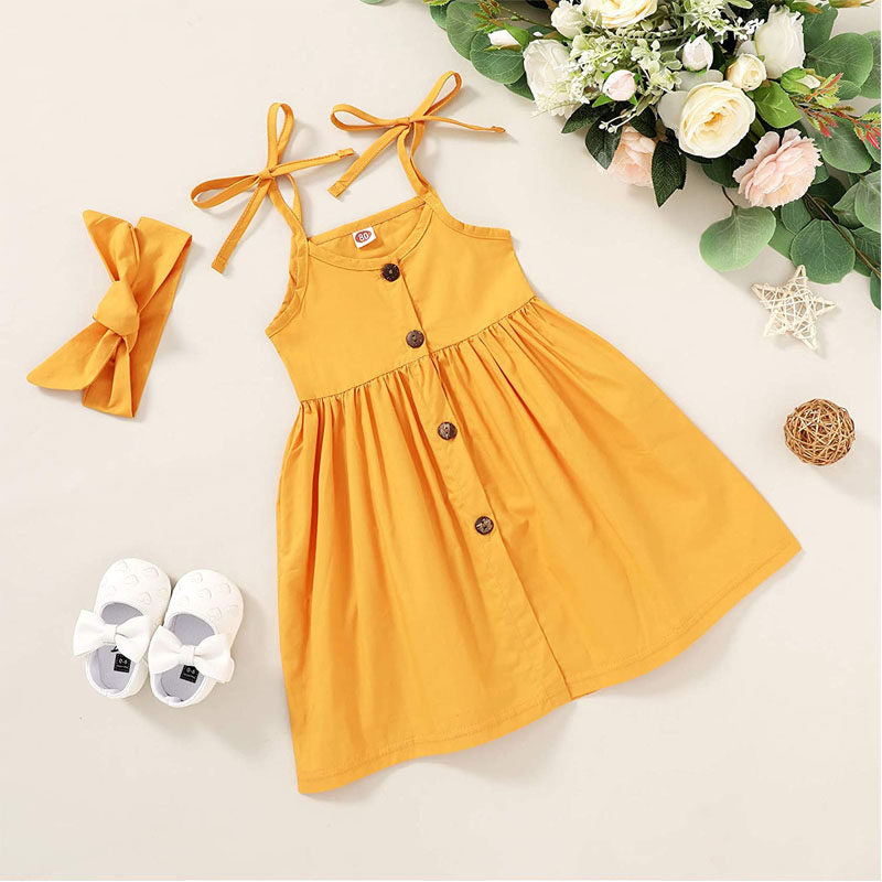 Toddler Baby Girls Summer Strap Button Dress Princess Sundress With Headband-Yellow