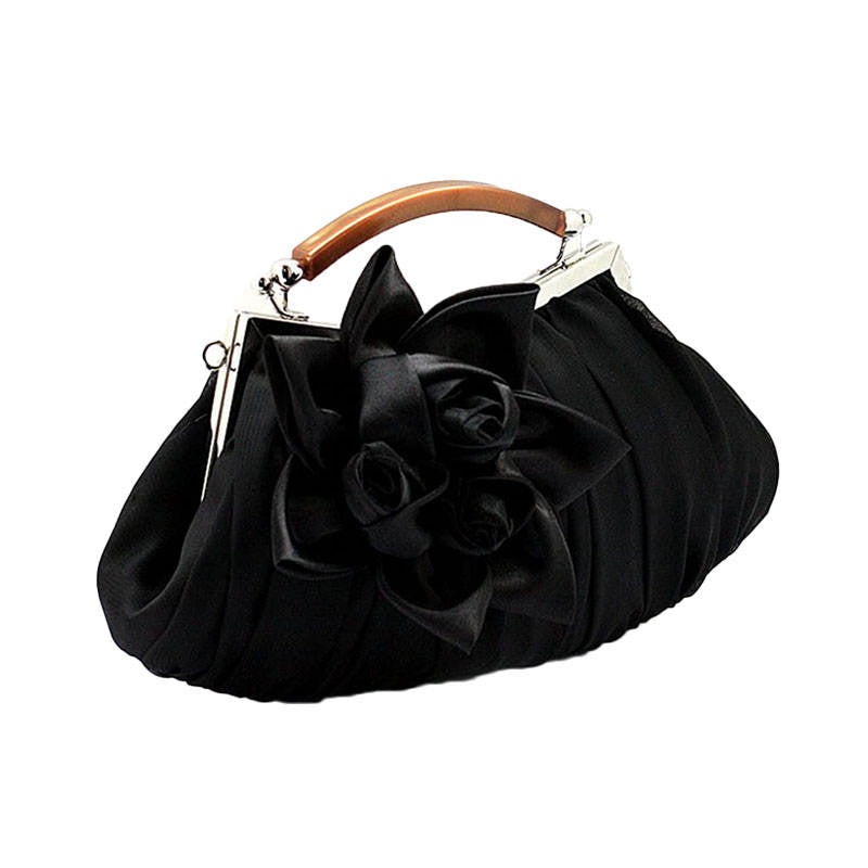 Womens Silk Flowers Evening Bags Clutch-Black