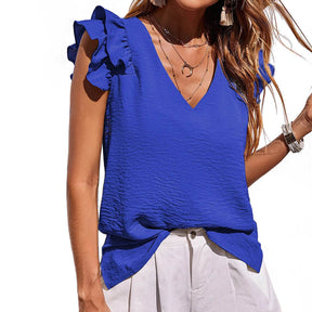 Womens Casual Ruffle Sleeve Summer Tops V Neck Tank Tops Shirts-Blue