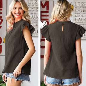 Womens Ruffle Sleeve Blouses Summer Casual Plain Round Neck  Loose Fit Tops-Black