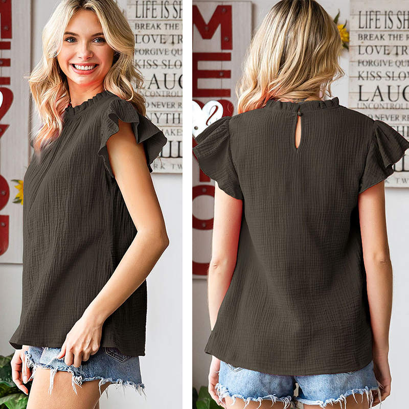 Womens Ruffle Sleeve Blouses Summer Casual Plain Round Neck  Loose Fit Tops-Black