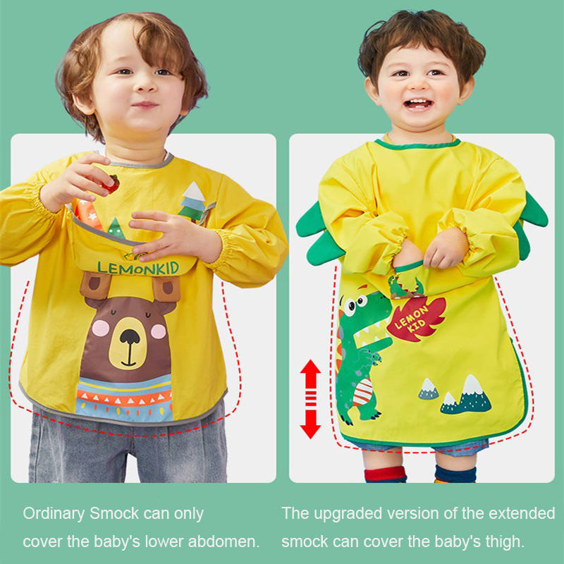 Kids Art Smocks Long Sleeve Painting Aprons with Pockets-Yellow Dinosaur