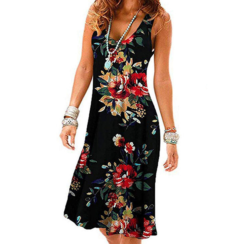 Summer Beach Tank Dresses Sleeveless Tunic Long Dress-PrintBlackRed