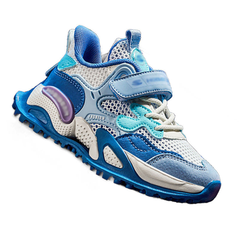 Boys Sneakers Breathable Mesh Lightweight Velcro Athletic Shoes-Blue White